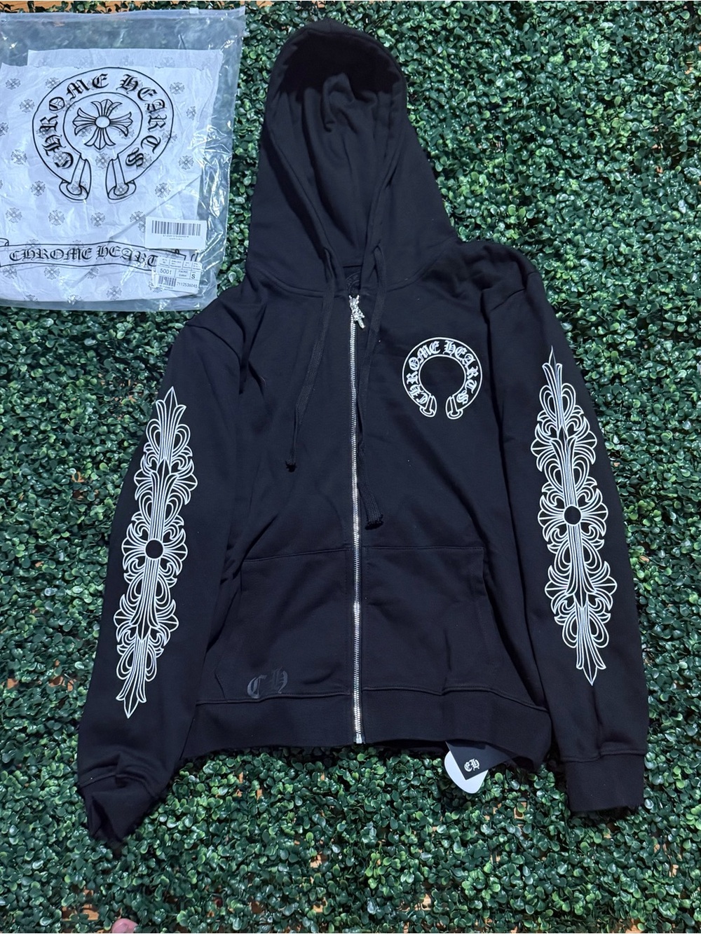 Chrome Hearts Black Zip-Up Hoodie with White Sleeve Motifs